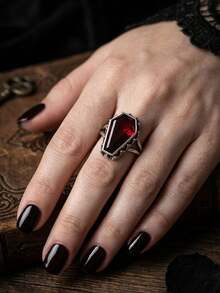 1pc Halloween Vampire Coffin Ring, Adjustable Witch Punk Bloodstone Open Ring, Eerie Alternative Gothic Style Jewelry, Halloween Gift - Multicolor - View 9