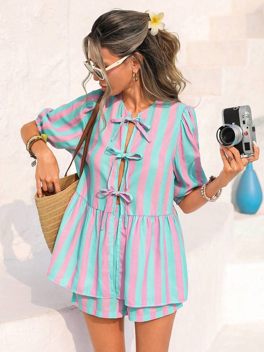 Women's Striped Textured Fabric Shirt With Front Knot And Loose-Fitting Shorts Set, Perfect For Beach Vacations, Spring/Summer - Rosa - View 1