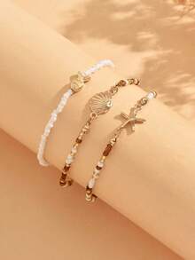 3pcs/Set Vacation Ocean Style Fish Starfish Shell Decor With Brown White Rice Beads Fashion Versatile Anklet Women's Foot Jewelry Suitable For Summer Beach Outings Daily Wear Rice Bead Color And Size Are Random And Not Fixed - Multicolor - View 3