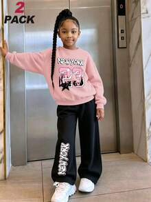 2 Paket Setelan 2 Potong untuk Anak Perempuan Remaja, NEW YORK 23 Star Letter Print Sweatshirt & Celana Panjang Lebar Set Musim Semi dan Gugur. - Berwarna merah muda - View 1