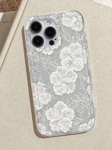 復古白色木槿花蕾絲紋理印花透明手機殼，相容 iPhone 13 15 16 17 Pro 17 14 17 Pro Max，相容 Galaxy/A54 A14 A15 S23 S24 S24 Ultra S25 A07 A17 S26 A57 - 彩色 - 查看 4