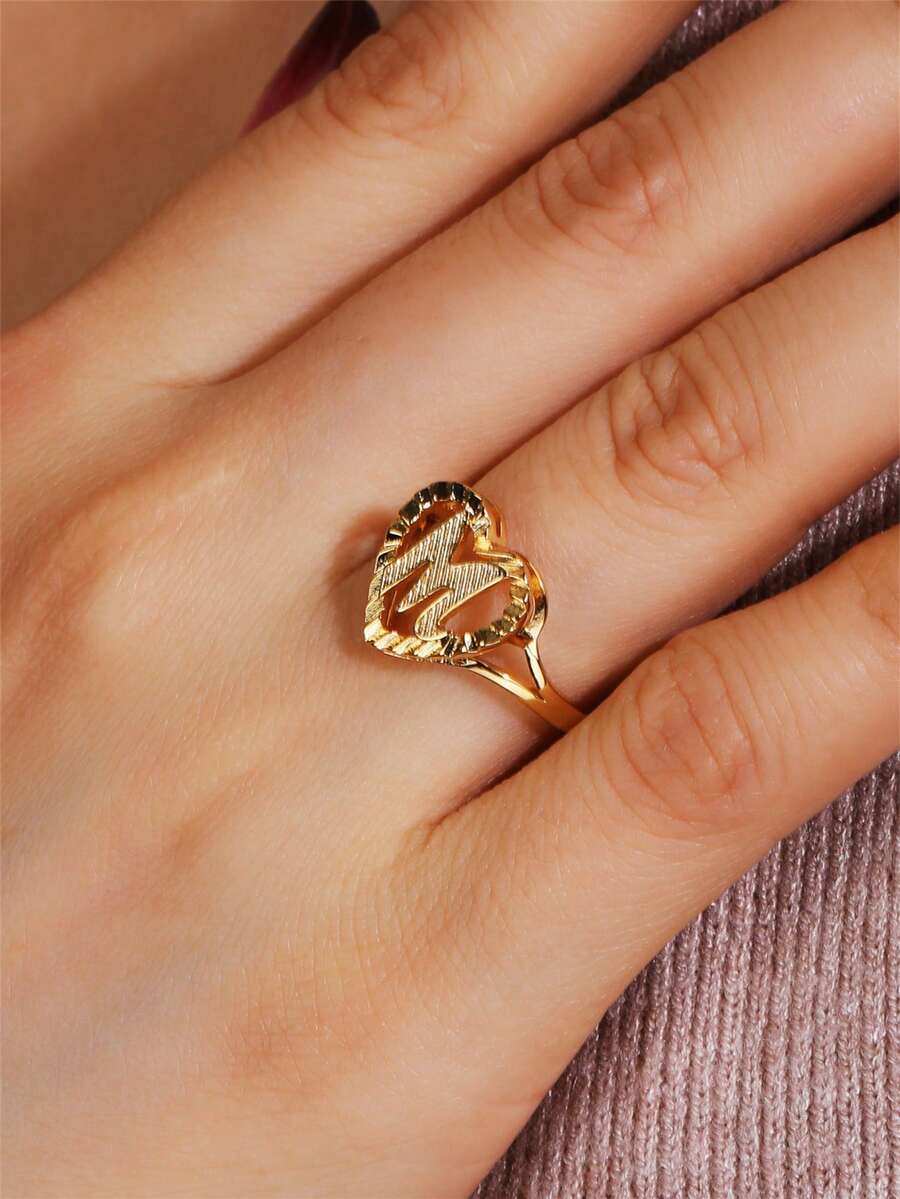 1pc Vintage Minimalist Windmill Lace Heart Hollow Letter Adjustable Brass Ring, 26 Letters Available, Street Hip-Hop Unisex Style Finger Ring, Suitable For Daily Commute Wear, Holiday Gift Charming Jewelry Accessory (Avoid Contact With Water) - Yellow Gold - View 1