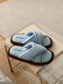 XIXITIAO Vintage Colorblock Cross-Strap Design Plush House Slippers, Comfortable Flat Soft Fleece Slip-On Shoes, Suitable For Home Office Bedroom - Blue - View 9