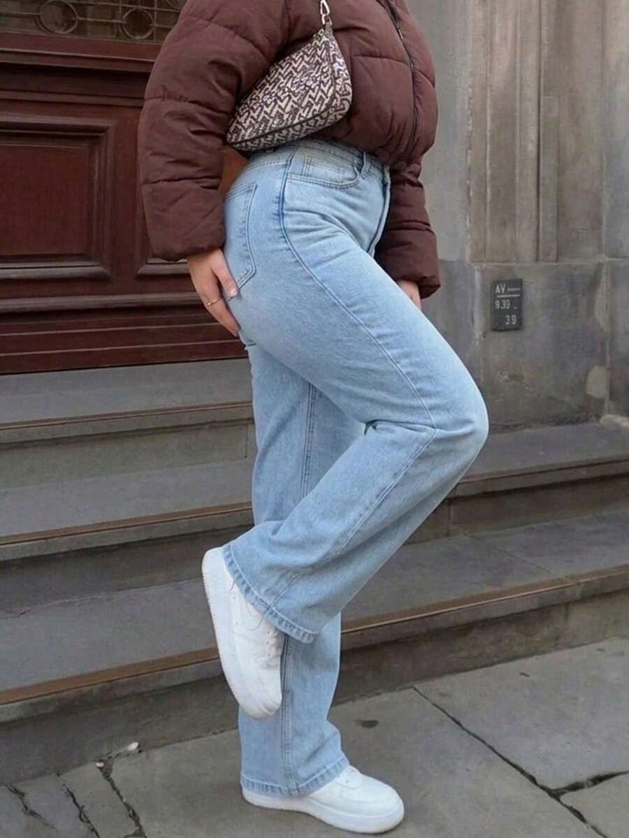Women's Vintage-Style Wide-Leg Straight-Leg Jeans, Casual For Spring - 淺色水洗 5 - 查看 1