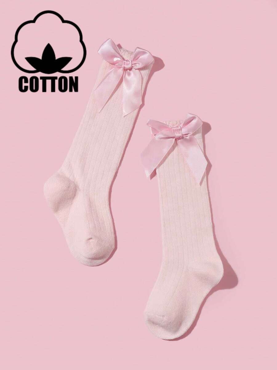 1 đôi tất cao đến đầu gối bằng cotton cho bé gái/trẻ nhỏ, màu trơn, có nơ, kiểu dáng đi học.