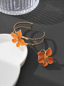 Juego de joyería para mujer con 1 anillo floral asimétrico de flor de cinco pétalos hecho a mano con efecto de aceite goteado en naranja brillante estilo vintage de verano y playa para vacaciones & 1 pulsera - Naranja - Ver 3