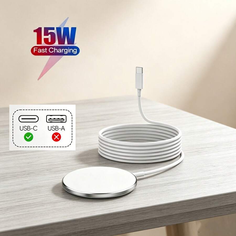 15W 磁吸無線充電器,相容於 Phone 17 Pro Max/17 Pro/17 Air/17/16/15/14/13/12/11/XS/XR/8/7/6 系列手機,Type-C 轉 15W 磁吸充電線充電器,高效快充適配器,即插即用快速充電充電墊 - 白色 - 查看 1