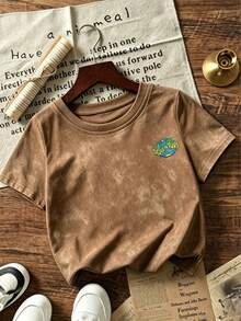 1pc Vintage Print Washed Short Sleeve Pullover T-Shirt, Young Boy Student Kids Summer Top For Play - Dark Grey - View 5