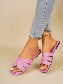 2026 Summer New Women's Square Toe Open Toe H-Strap Sandals, Soft Sole Mule Sandals, Vacation Style Women's Summer Sandals, Comfortable Women's Sandals, Slouchy Slip-On Women's Sandals, Fashionable Cute Women's Flat Sandals, Women's Vacation Sandals, Women's Pink Sandals, Elegant Women's Sandals, Simple Comfortable Daily Casual Flat Beach Shoes, Soft Sole Plus Size Women's Beach Sandals - Pink - View 4