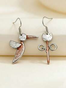 1 Pair Vintage Bohemian Style Cute Bird & Tulip Flower Asymmetric Design Pendant Earrings, Personalized Versatile Jewelry Gift For Women's Daily Wear, Dating And Travel - Antique Silver - View 6