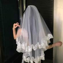 1pc Double Layer Lace Trim Short Bridal Veil, Suitable For Wedding, Bridal Photography And Bachelorette Party - Multicolor - View 6