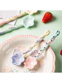 1/2pcs Multi-Color Ceramic Long Handle Soup Spoons, Back To School Tableware, Home Dessert Spoon, Stirring Spoon, Coffee Spoon, Ice Cream Spoon, Cute Flower Design Christmas/Halloween Party Gift - View 4