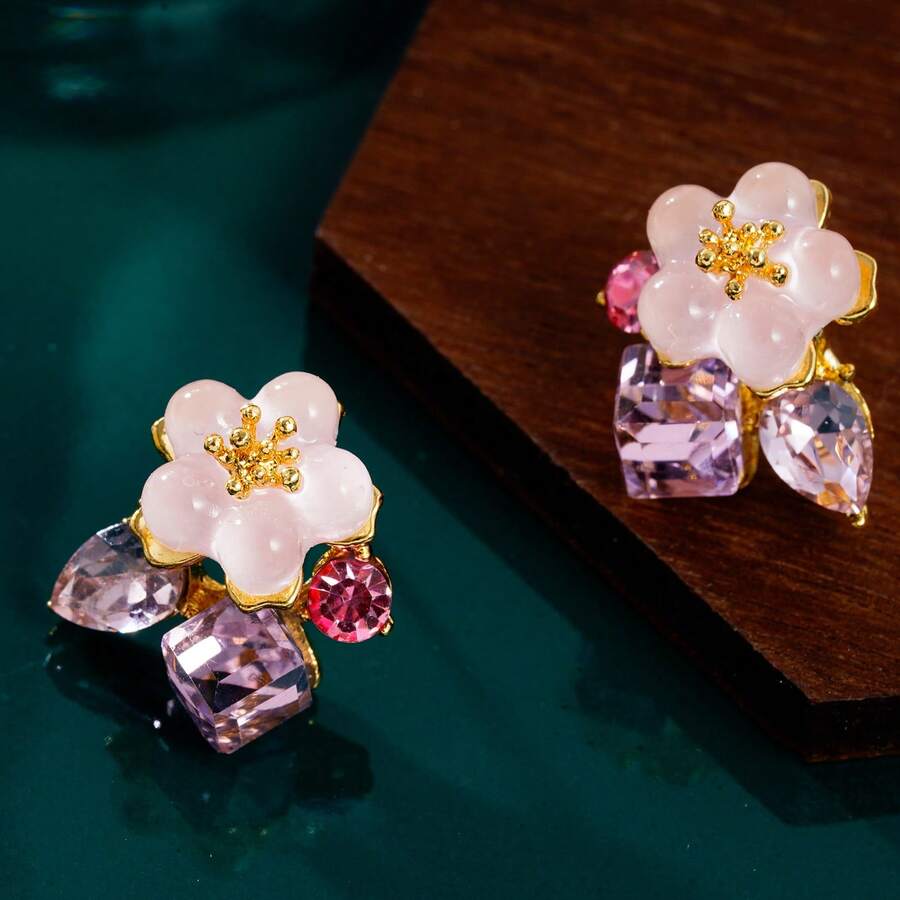 1 Pair Gradient Translucent Pink Flower Stud Earrings For Women, Soft ...