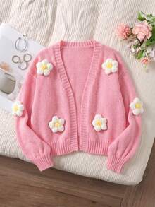 Girls' Pink 3D Floral V-Neck Sweater, Autumn Fashion Short Loose Drop Shoulder Sweet Cardigan Jacket - Pink - View 4