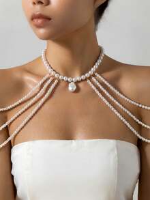 1pc White Faux Pearl Tassel Shoulder Chain Elegant Body Chain Unique Exquisite Suitable For Women To Wear At Banquets And Parties, Perfect For Beach Vacation Photos - Multicolor - View 2