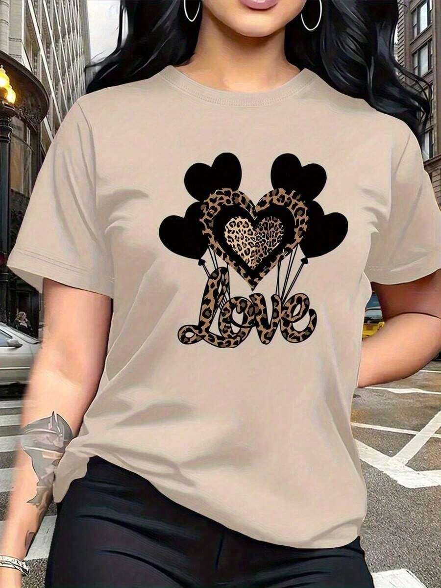 Graphic Tees2026 New Women's Pure Cotton Casual T-Shirt, Combining Boldness With Delicacy, With A Black Heart-Shaped Balloon Print And Leopard Print, And U - 杏色 - 查看 1