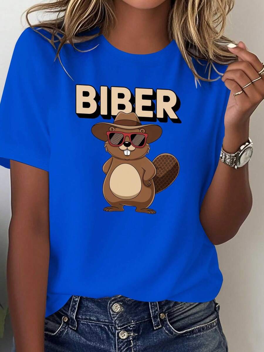 Breathable, Comfortable Women's Solid Color T-Shirt With Pepper Bieber Cartoon Beaver Illustration, 100% Cotton, Women's Blouses - 藍色 - 查看 1