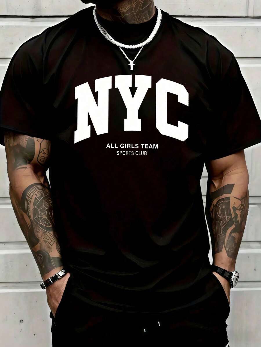 Za Unisex T-Shirt 100% Cotton Regular Fit With Graphic Print, Short Sleeve, Casual Style, Summer Streetwear, Urban Style, Printed Top, Vintage Fashion, Soft And Breathable. - 藍色和黑色 - 查看 1
