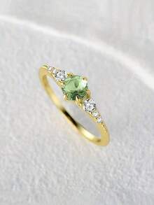 1pc Minimalist Emerald Zirconia Ring For Women, Suitable For Daily Wear, Engagement, Gift - Gold - View 1