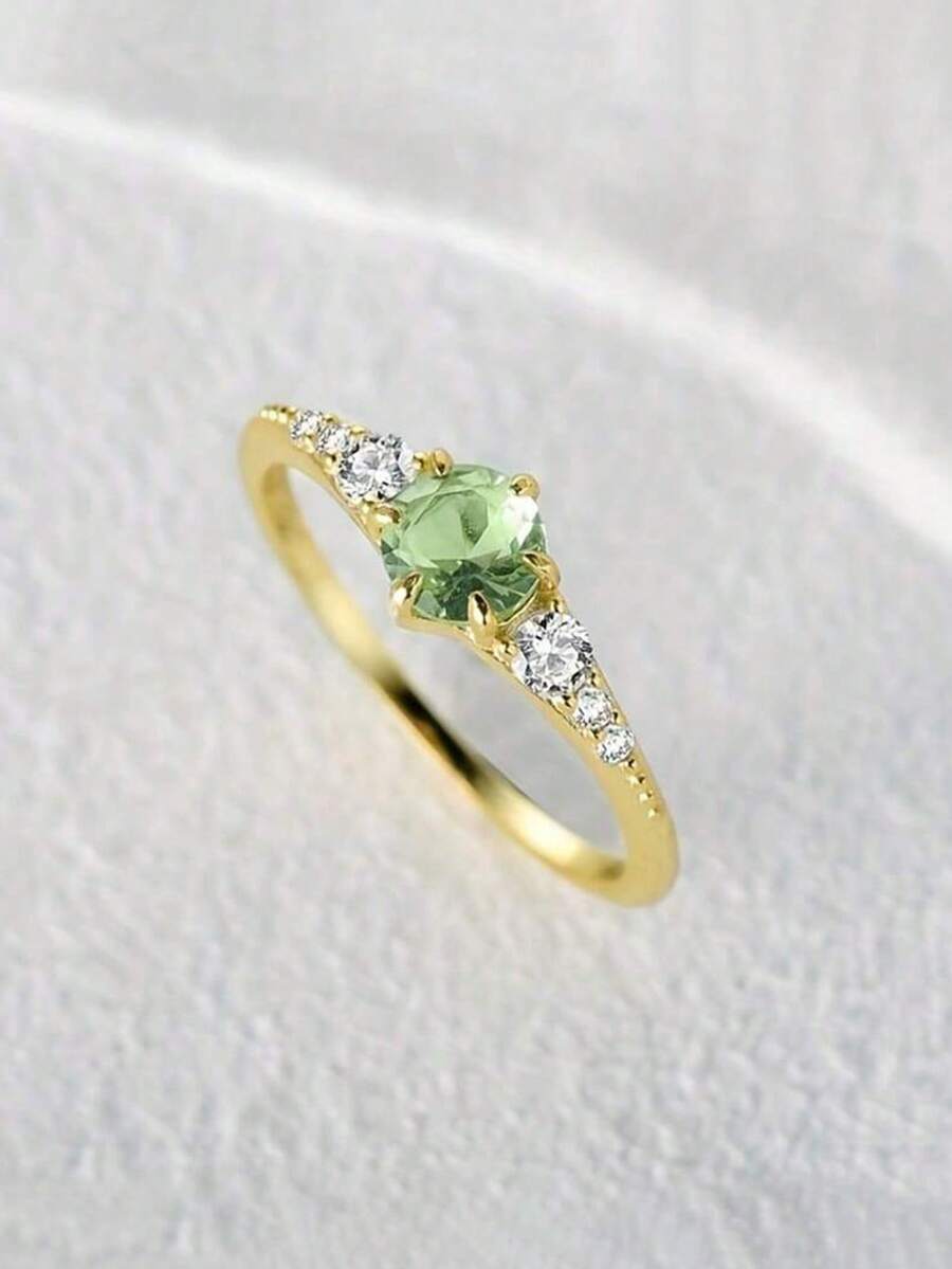 1pc Minimalist Emerald Zirconia Ring For Women, Suitable For Daily Wear, Engagement, Gift - Gold - View 1