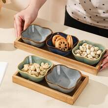 1/3-Piece Wooden Tray, Retro Minimalist Ceramic Snack Plate/Dessert Plate/Tray/Nut Bowl/Condiment Plate/Bone Plate/Vegetable Plate/Fruit Plate - Multicolor - View 6