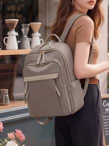 Women's Nylon Solid Color Quilted Large Capacity Versatile Backpack, Simple Casual Student Backpack, Storage Travel Bag, Commuter Bag - Khaki - View 3