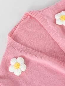 Girls' Pink 3D Floral V-Neck Sweater, Autumn Fashion Short Loose Drop Shoulder Sweet Cardigan Jacket - Pink - View 6