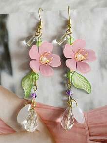 2 Stück romantische elegante rosa Blumen Wassertropfen lange Quasten Ohrringe, für Lässig & Ferien - Pink - Übersicht 2