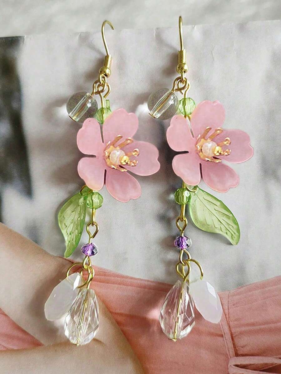 2 Stück romantische elegante rosa Blumen Wassertropfen lange Quasten Ohrringe, für Lässig & Ferien
