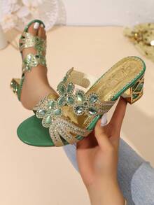 Rhinestone Flower Chunky Heel Slide Sandals, Open Toe Outdoor Casual Shoes, Banquet Wedding Dress Shoes, Plus Size Women's Shoes,Block Heels - Green - View 1