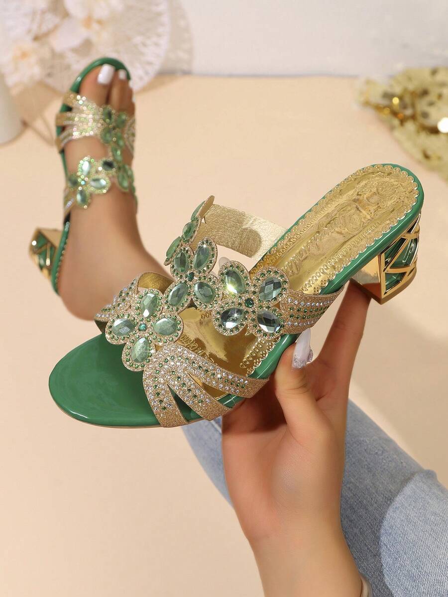 Rhinestone Flower Chunky Heel Slide Sandals, Open Toe Outdoor Casual Shoes, Banquet Wedding Dress Shoes, Plus Size Women's Shoes,Block Heels - Green - View 1