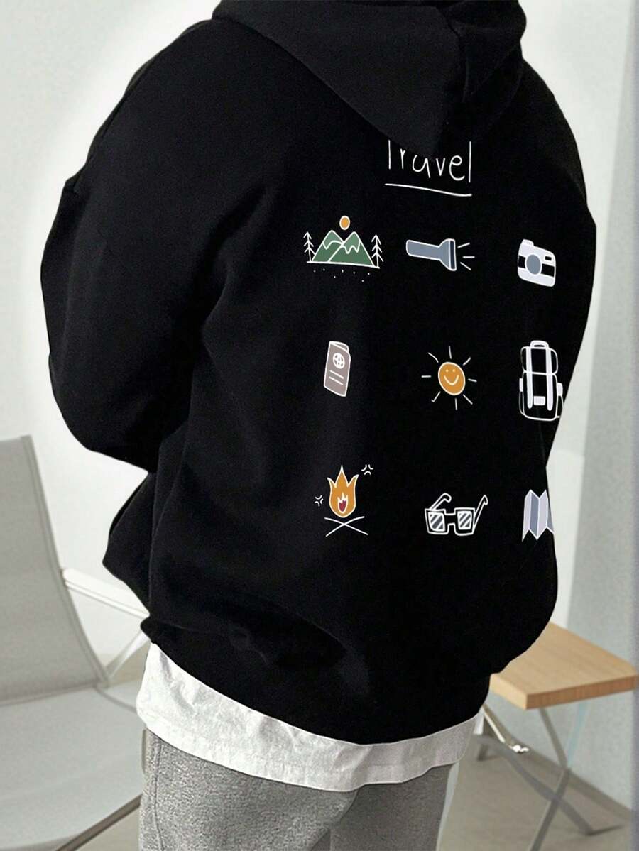 Men's Long-Sleeved Hoodie With Thermal Lining, Featuring A Print Of Forest Camping Elements And Outdoor Landscapes, Autumn/Winter - 黑色 - 查看 1