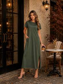 Women's Loose-Fitting Midi Dress With Pockets: Comfort And Elegance For Everyday Winter Wear - 橄欖綠 - 查看 2