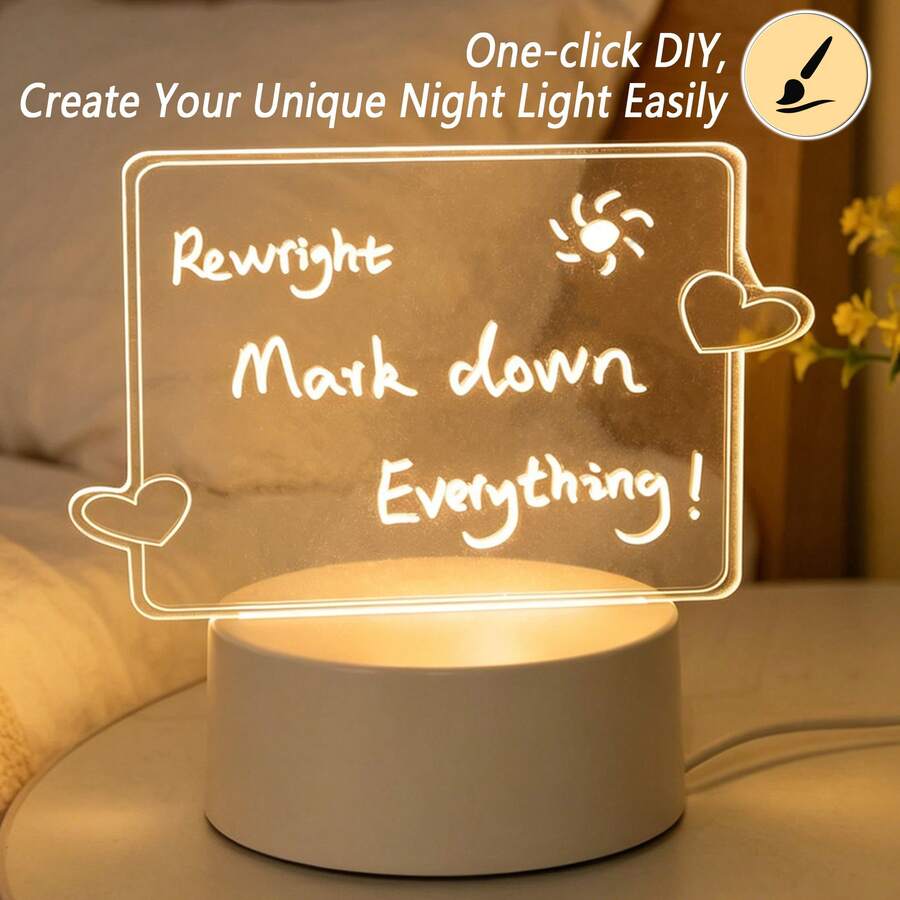 1pc Solid Color DIY Acrylic 3D Night Light, Customizable, USB Powered, Visual Atmosphere LED Light Decor, Suitable For Memo, Gift, Home Decor, Daily Entertainment - Rectangular DIY Board With Heart Design - View 1
