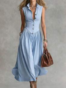 Sleeveless Button-Front Midi Dress, Fitted Waist Flowy A-Line Dress With Pockets - 淺色水洗藍 - 查看 1