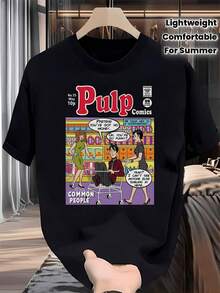 Camiseta Casual con Estampado Gráfico de Pulp Comics para Mujer - Cuello Redondo, Ligera y Elástica, Perfecta para el Verano, Camiseta para Uso Diario - Negro - Ver 1