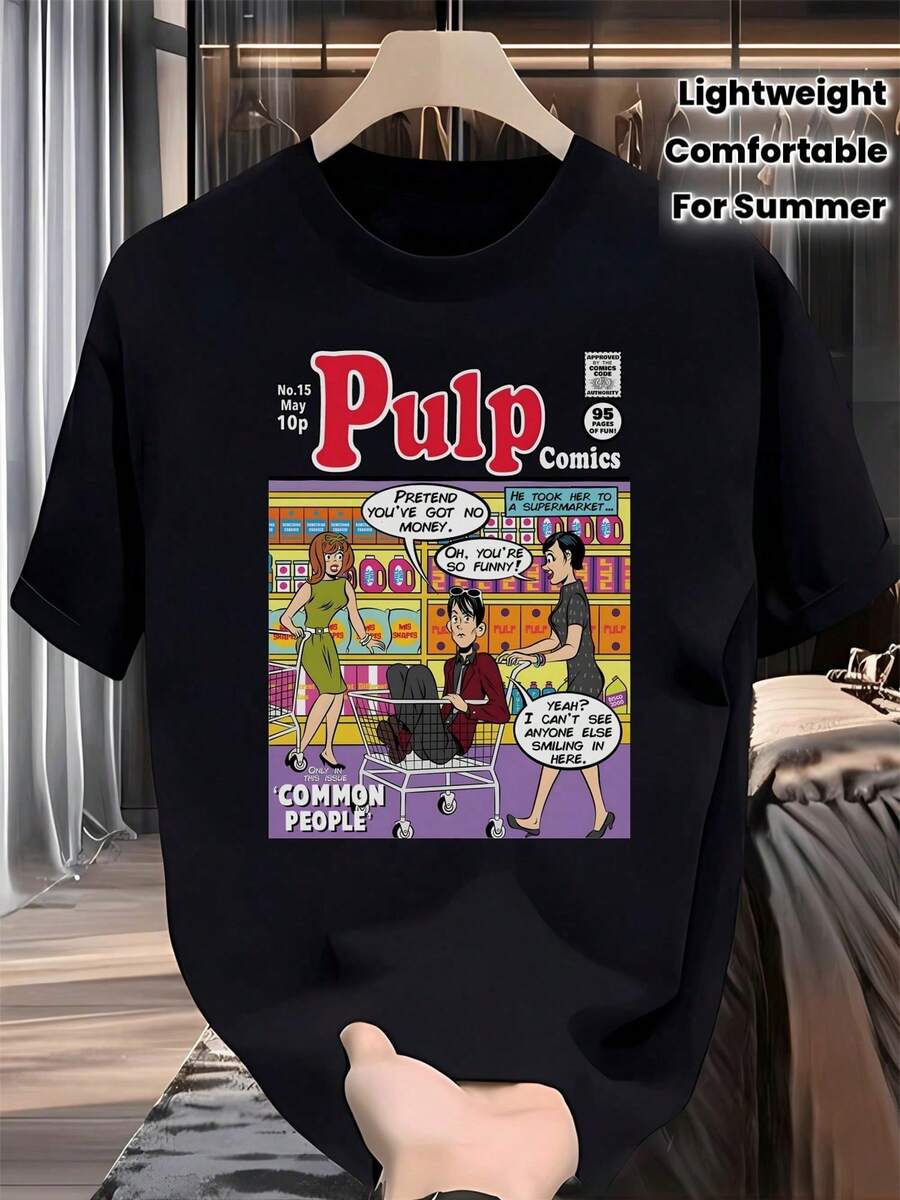Camiseta Casual con Estampado Gráfico de Pulp Comics para Mujer - Cuello Redondo, Ligera y Elástica, Perfecta para el Verano, Camiseta para Uso Diario - Negro - Ver 1