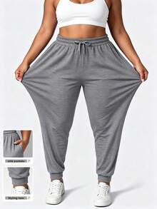 Plus Size Drawstring Solid Color Loose Jogger Pants With Pockets Spring Sports - Grey - View 5