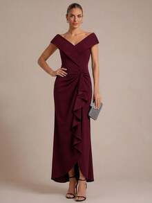 EVERPRETTY Women's Elegant Noble Asymmetric Ruffle V-Neck Mermaid Midi Formal Evening Gown, Autumn Wedding Guest Dress, Suitable For Evening Party Wedding - Burgundy - View 7