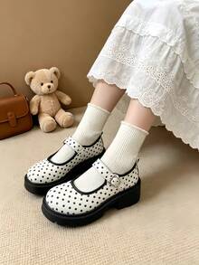 Black Mary Jane High Heels Women's 2024 Summer New Shoes Versatile College Style Thick Sole Shoes/Polka Dot Thick Sole Mary Jane Shoes Women's Height Increasing Leather Shoes Japanese JK Style Single Strap Round Toe Low Vamp Versatile Shoes - Black and White - View 3