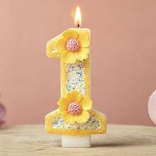 1pc Pink Glitter Number Birthday Cake Candle, Shiny Number Cake Decoration Topper, Party Decoration And Anniversary Celebration, Yellow Glitter Number 1 Candle With Daisy Flower Decoration, Birthday And Anniversary Party Cake Topper - Yellow - View 1