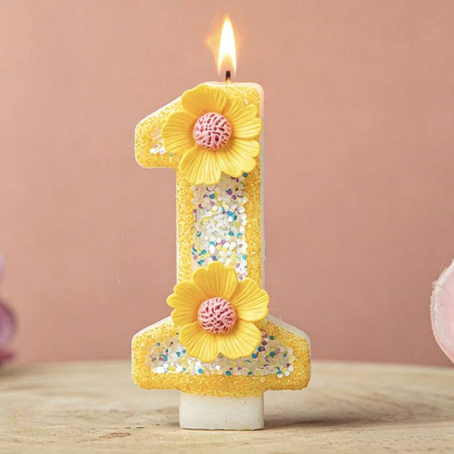 1pc Pink Glitter Number Birthday Cake Candle, Shiny Number Cake Decoration Topper, Party Decoration And Anniversary Celebration, Yellow Glitter Number 1 Candle With Daisy Flower Decoration, Birthday And Anniversary Party Cake Topper - Yellow - View 1