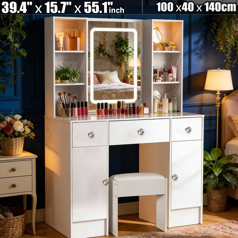 Large LED Mirror Dressing Table 3 Light Modes 2 Cabinets With Stool Vanity Set - Vanity Set Make Up Dressing Table Dresser Desk With Stool With LED Lighted Mirror - Vanity Makeup Desk Large Dressing Table With LED Bulbs Mirror 3 Drawers With Stool - - White - View 1