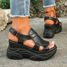 Women's Soft Sole Thick Bottom Sandals Round Toe Breathable Hollow Out Adjustable Hook And Loop Strap Casual Walking Shoes Height Increasing Slimming Wedge Heel High Heel Shoes - Black - View 7