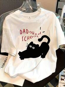 Camiseta de Mujer Estilo Y2K Kawaii, Corte Holgado, Estampado de Gato Elástico - Top de Verano de Manga Corta con Cuello Redondo, con Lindos Gatitos y Gatos, Blusa Casual Estilo Coreano - Blanco - Ver 1