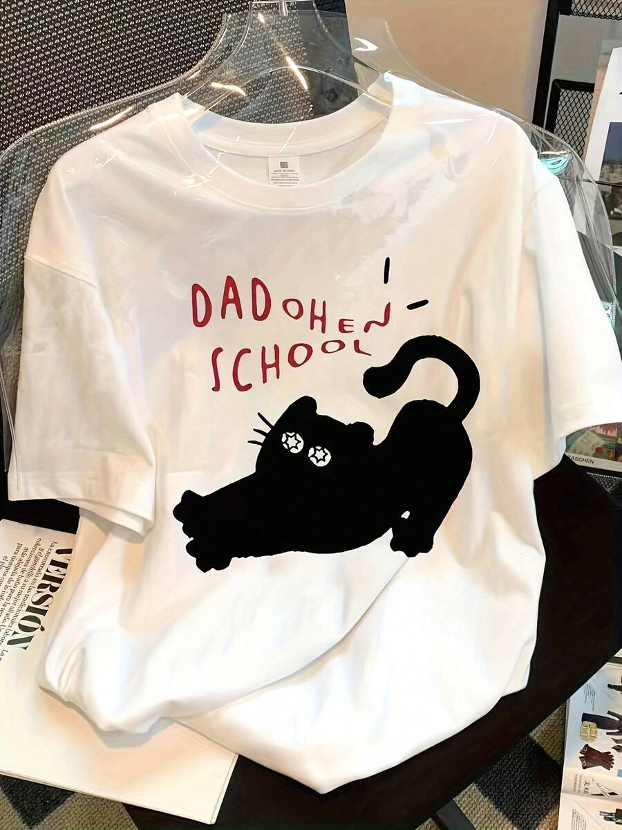 Camiseta de Mujer Estilo Y2K Kawaii, Corte Holgado, Estampado de Gato Elástico - Top de Verano de Manga Corta con Cuello Redondo, con Lindos Gatitos y Gatos, Blusa Casual Estilo Coreano - Blanco - Ver 1