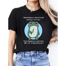 Camiseta informal de manga corta para mujer con estampado del alfabeto español y diseño de cocodrilo de dibujos animados, cuello redondo, Top para todas las estaciones - Negro - Ver 11