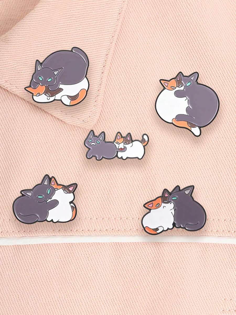 Cute Hugging Cat Enamel Pin - Candy Gray And Plaid Cat Brooch Pin - Cute Cartoon Animal Badge - Backpack, Clothing, Jewelry - Gift For Cat Lovers - Multicolor - View 1