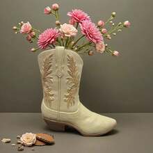 1pc Resin Vintage Western Cowboy Boot Vase, Beige High-End Rustic Farmhouse Style Decorative Floral Container, Home Desktop Resin Craft - 1PC - View 1