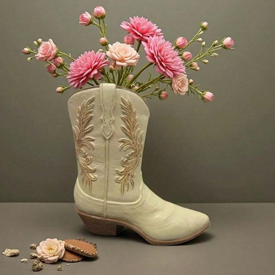 1pc Resin Vintage Western Cowboy Boot Vase, Beige High-End Rustic Farmhouse Style Decorative Floral Container, Home Desktop Resin Craft - 1PC - View 1